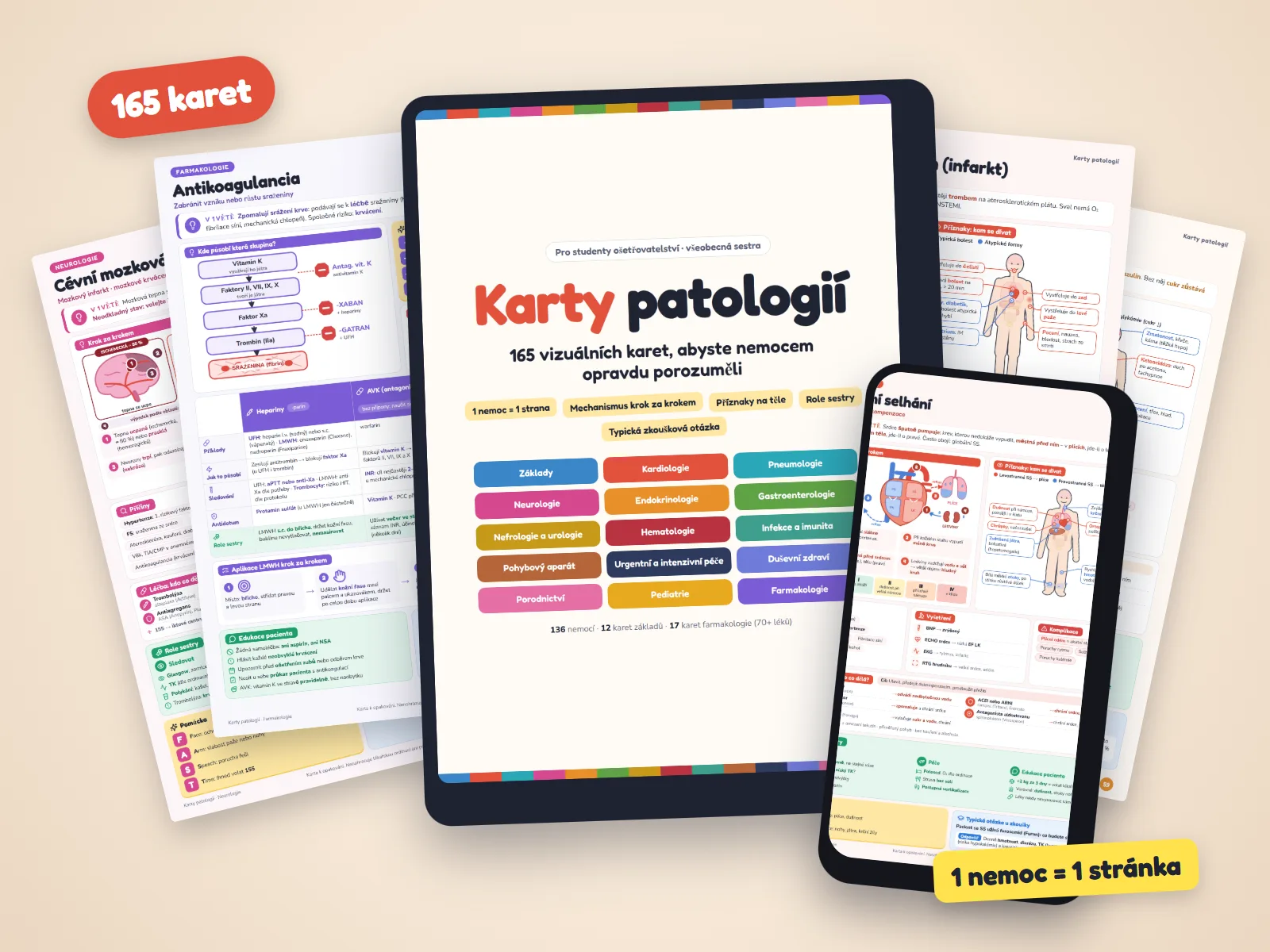 Karty patologií: obálka na tabletu, karta na mobilu a několik karet nemocí